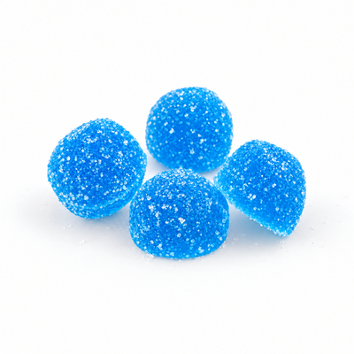 Blazing Blue Razz 1000mg D9 THC Gummies, blue raspberry sugar-coated gummies