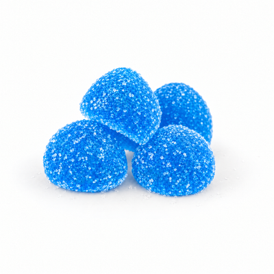 Blue Razz Burst 100mg D9 THC Gummies, blue raspberry sugar-coated gummies